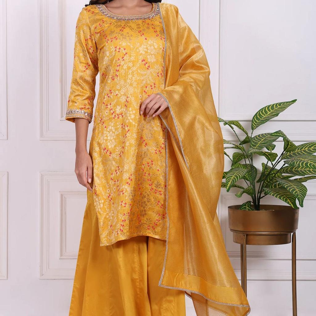 Yellow Embroidered Straight Jacquard Kurta with Sharara and Dupatta Set
