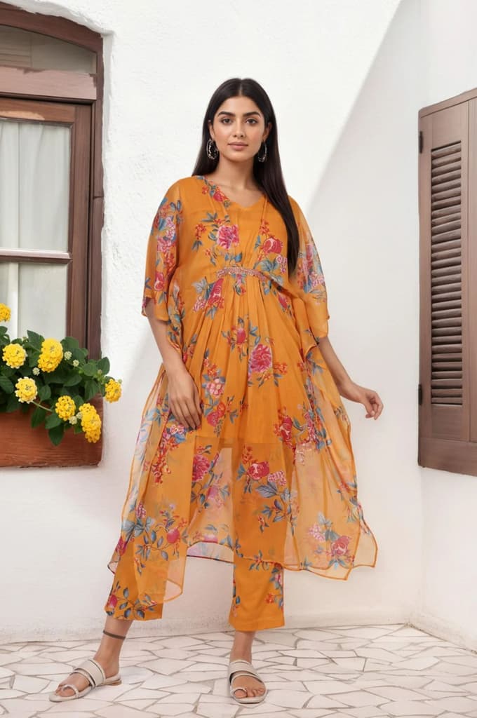 Orange Floral Printed Sequined Flared Chiffon Kaftan with Pant Set — S