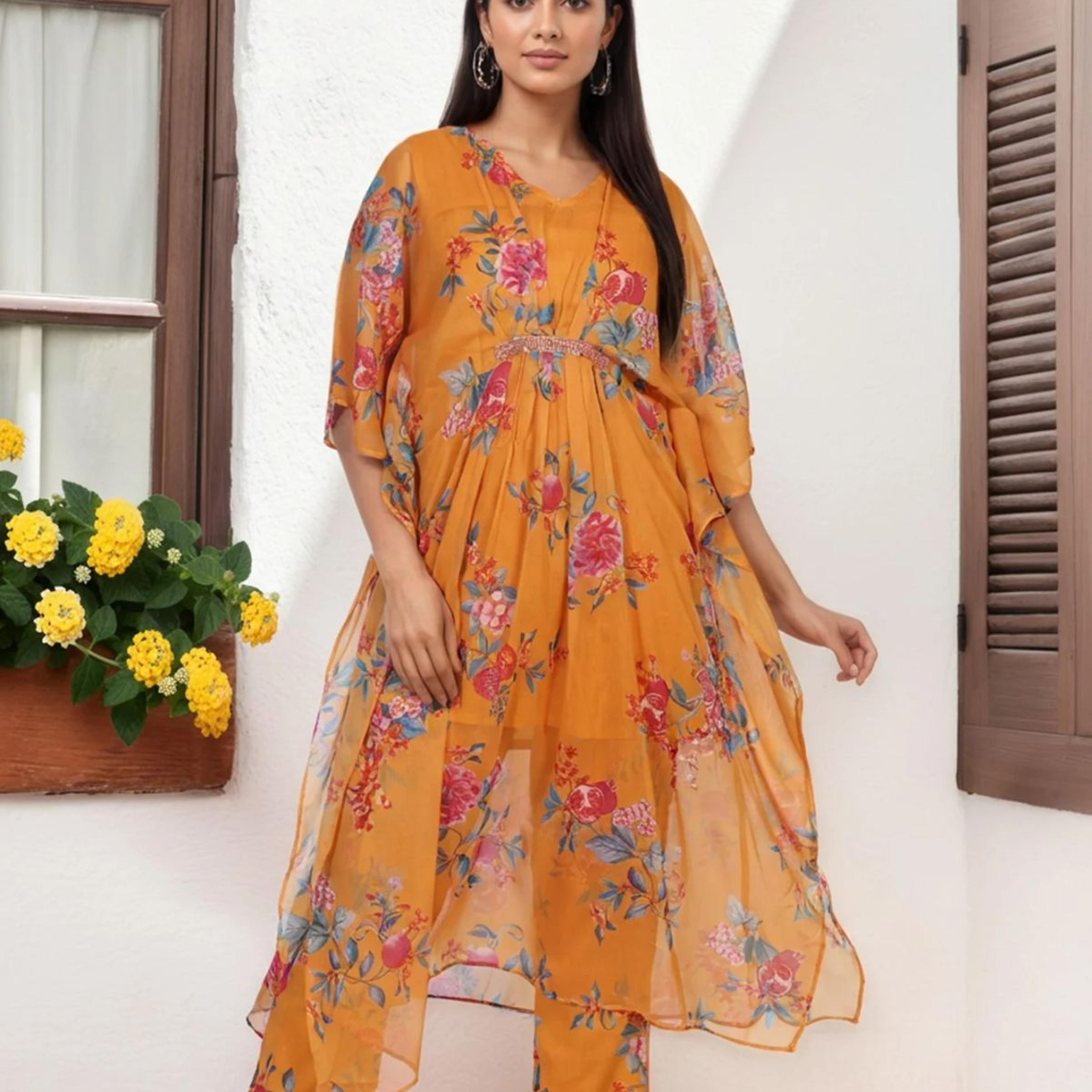 Orange Floral Printed Sequined Flared Chiffon Kaftan with Pant Set