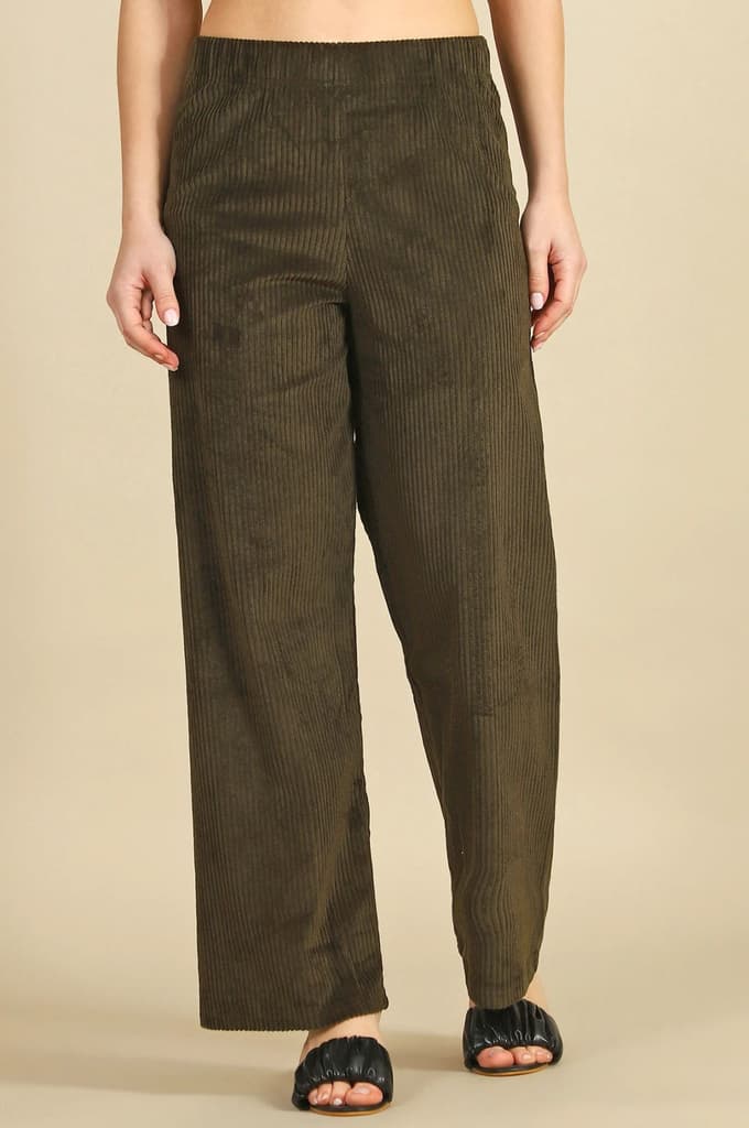 Dark Green Solid Straight Fit Cotton Pants — photo 2