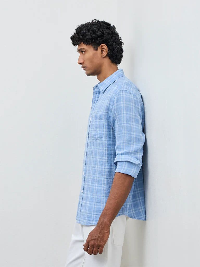 WES Casuals Light Blue Checks Relaxed-Fit Cotton Shirt — photo 3