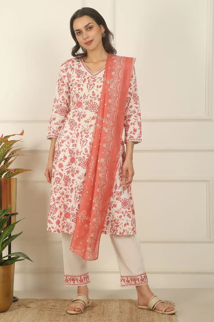 White and Orange Floral Printed Pure Cotton Flared Kurta, Pants and Dupatta Set — photo 3
