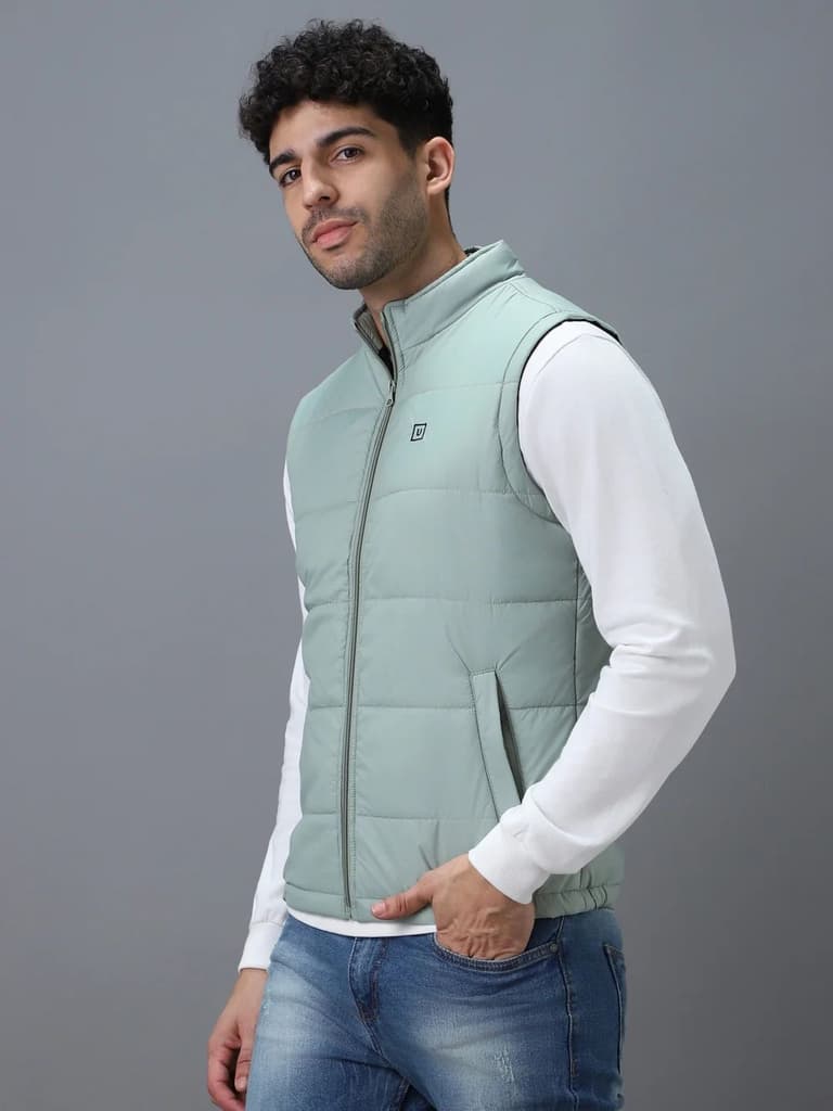 Men's Green Sleeveless Zippered Puffer Jacket — photo 5