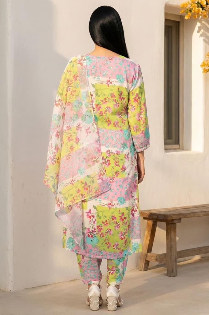 Multicolor Floral Printed Beadwork Modal Straight Kurta with Gathered Pant and Dupatta Set — photo 4
