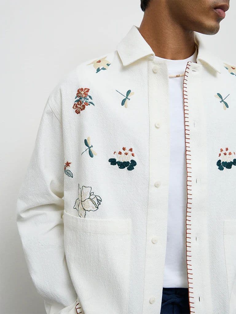 ETA Off-White Floral-Embroidered Relaxed-Fit Cotton Shirt — photo 3