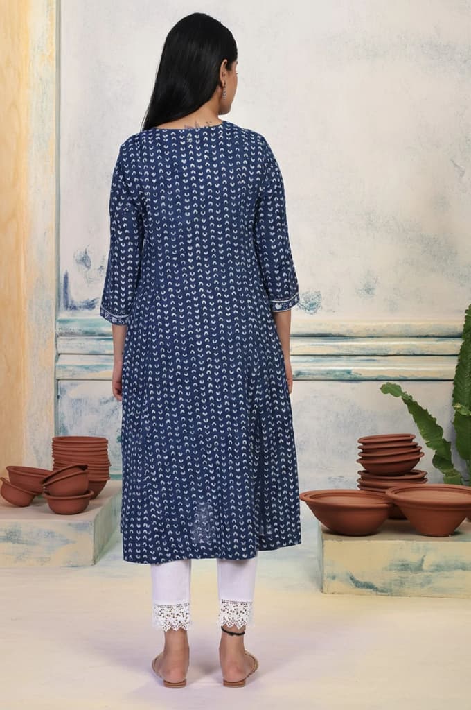 Blue Geometric Dabu Printed Mirror Work A-Line Cotton Kurta — photo 5