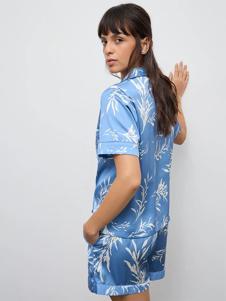 Wunderlove Blue Foliage Printed Shirt and Shorts Set — photo 4