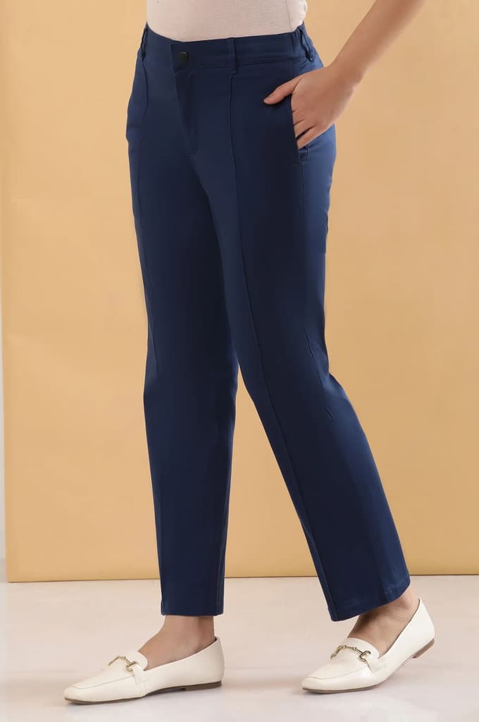Blue Solid Straight Fit Cotton Pants With Pintuck Detail — photo 3