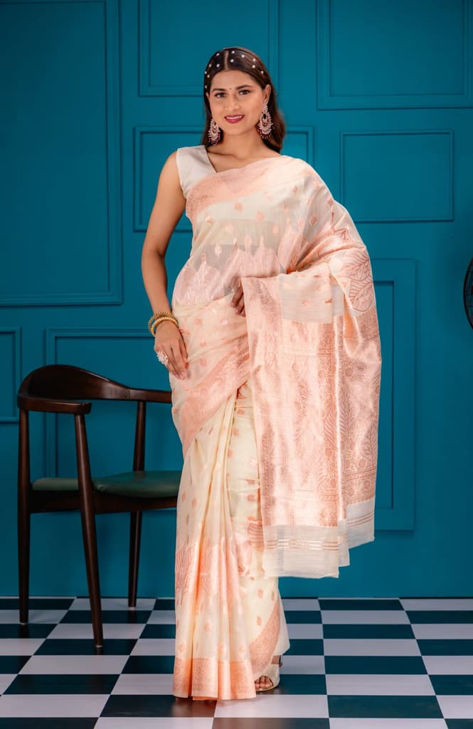Mimosa Women's Woven Design Banarasi Style Art Silk Saree With Blouse Piece : SA00001766HWFREE — Halfwhite