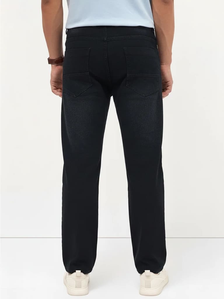 Men's Black Regular Fit Whisker Wash Yellow Tint Denim Jeans Stretchable — photo 4
