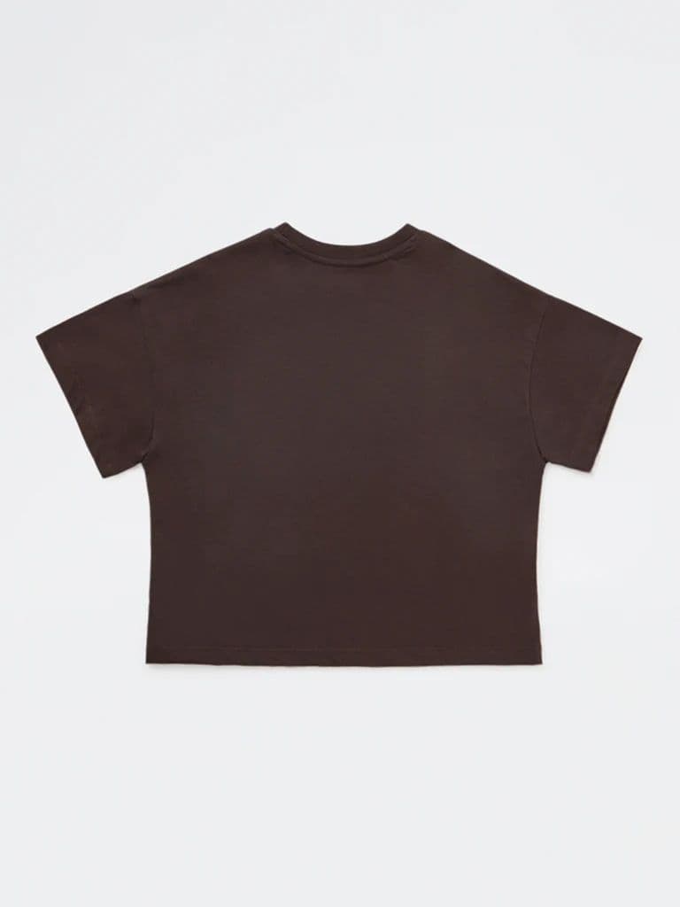 Y&F Kids Girls Dark Brown Printed Cotton T-Shirt — photo 5