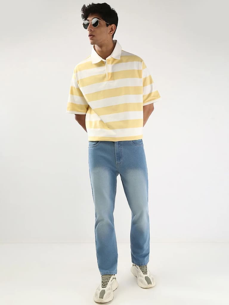 Men's Light Blue Straight Fit Washed Jeans Stretchable — photo 4