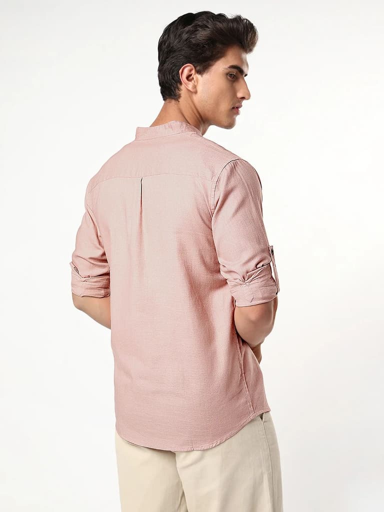 Men's Dusty Pink Linen Blend Full Sleeve Relaxed Fit Mandarin Collar Casual Solid Shirt — photo 3