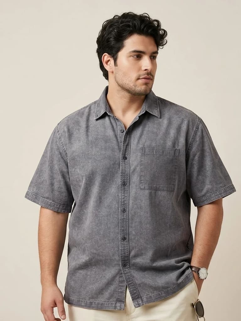 Plus Men's Light Grey Oversized Fit Half Sleeve Solid Casual Denim Shirt — 2XL / Light Grey