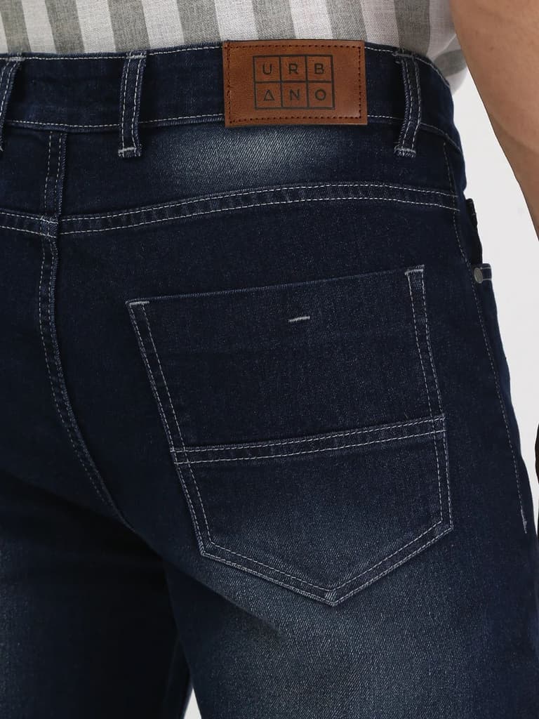 Men's Dark Blue Straight Fit Washed Jeans Stretchable — photo 7
