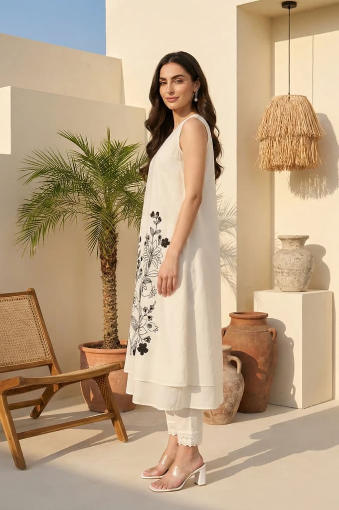 Off White Thread Embroidered Pure Cotton A-line Dress — photo 7