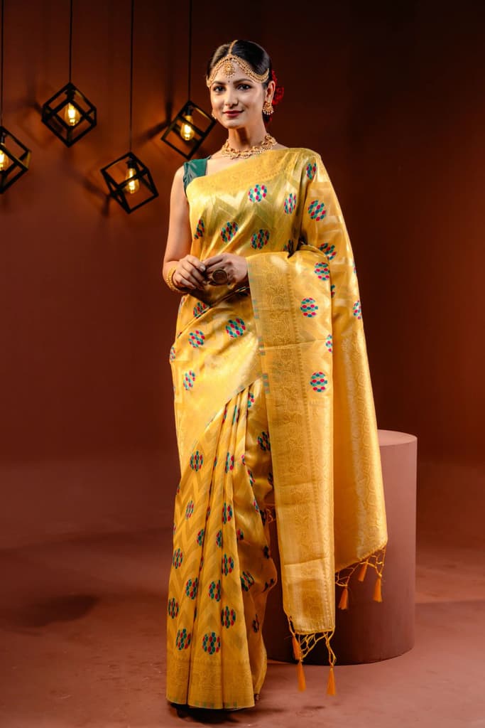 Mimosa Women's Woven Design Banarasi Style Art Silk Saree With Blouse Piece : SA00001584GDFREE — Gold