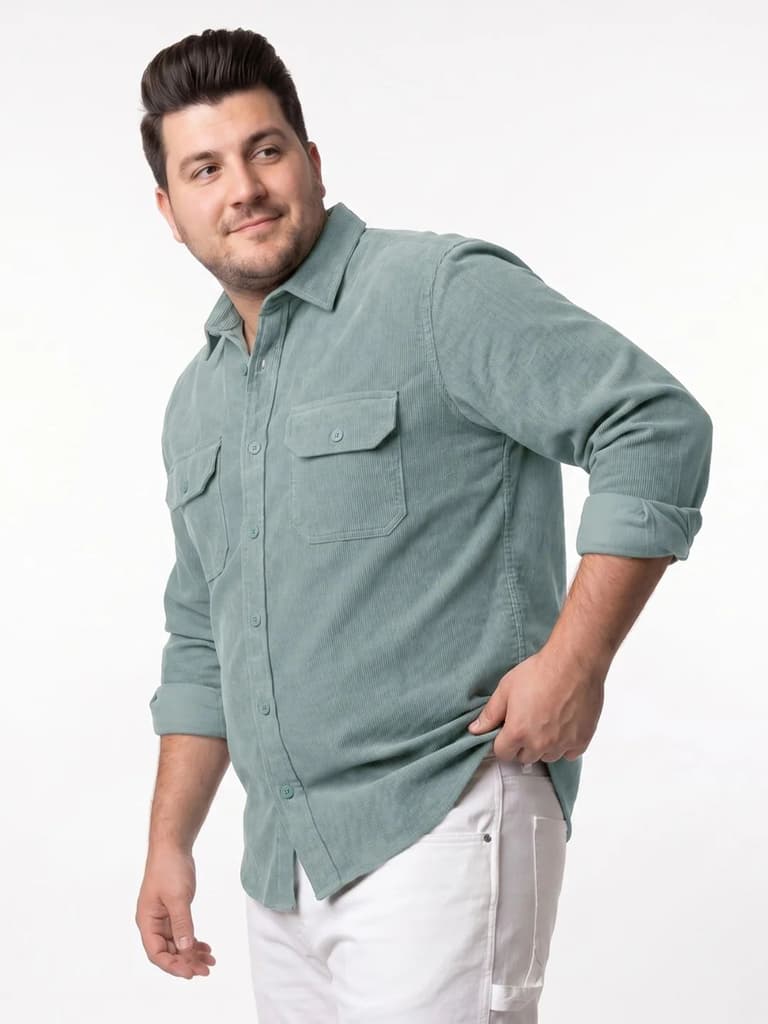 Plus Men's Light Blue Corduroy Full Sleeve Regular Fit Solid Overshirt with Utility Pockets — photo 2