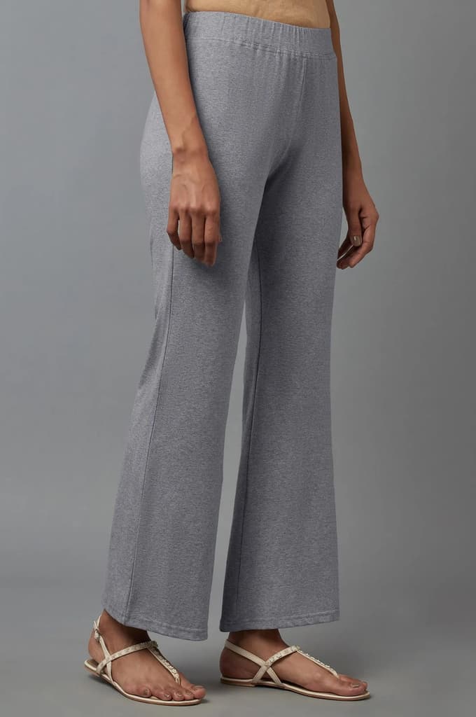 Grey Solid Flared Cotton Pants With Slip On Closure — photo 7