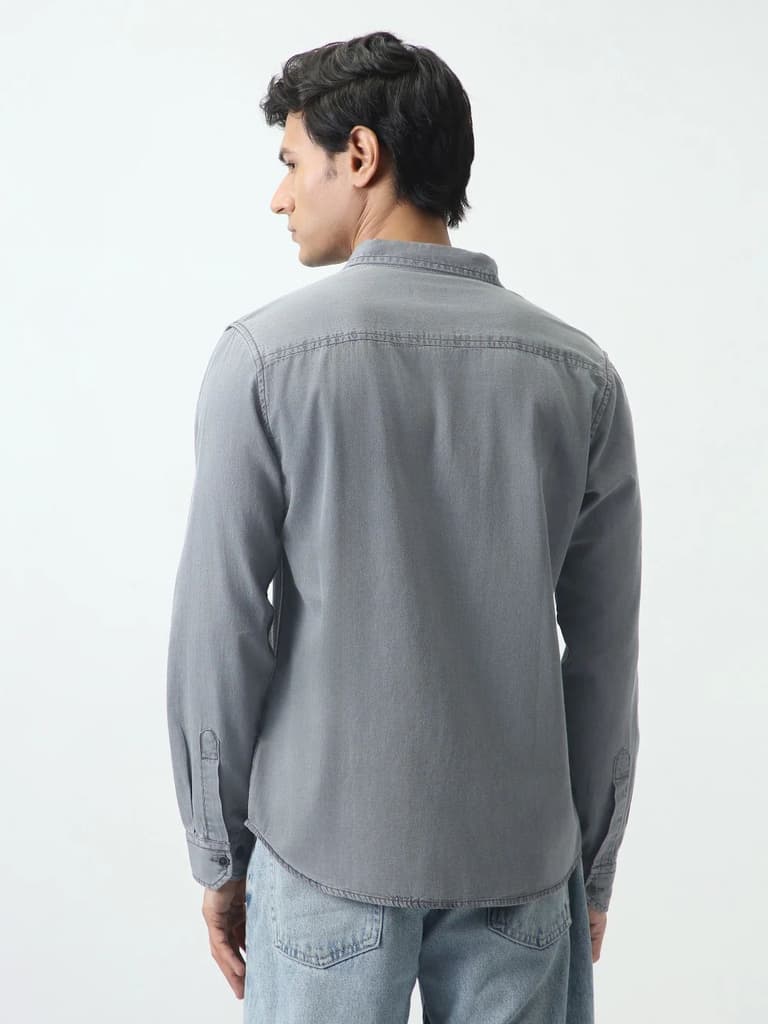 Men's Ice Grey Regular Fit Full Sleeve Solid Denim Shirt — photo 3