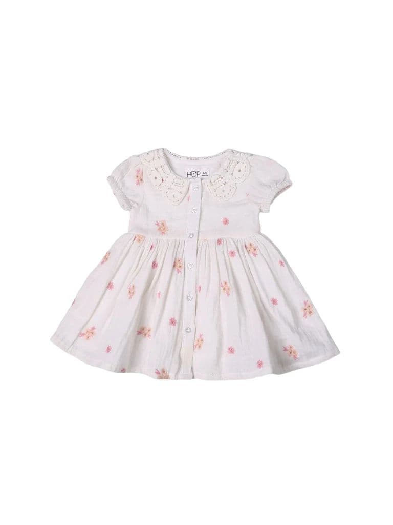 HOP Baby Girls White Floral Embroidered Cotton Dress — photo 2
