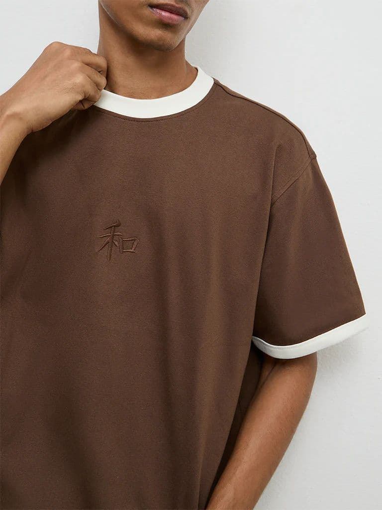 Nuon Brown Contrast Detailed Relaxed-Fit Cotton-Blend T-Shirt — photo 4