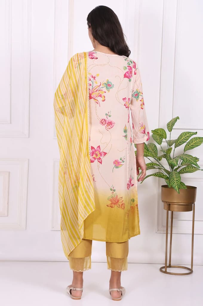 Off-White Floral Printed Modal A-Line Kurta with Straight Pant and Dupatta — photo 5