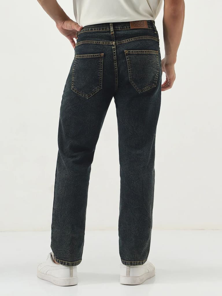 Men's Dark Blue Straight Fit Heavy Washed Jeans Stretchable — photo 3