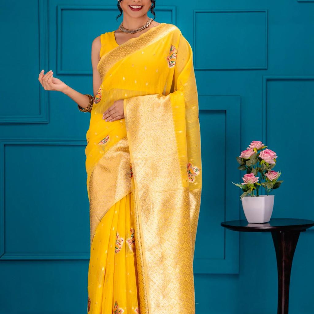 Mimosa Women's Woven Design Banarasi Style Art Silk Saree With Blouse Piece : SA00001759GDFREE