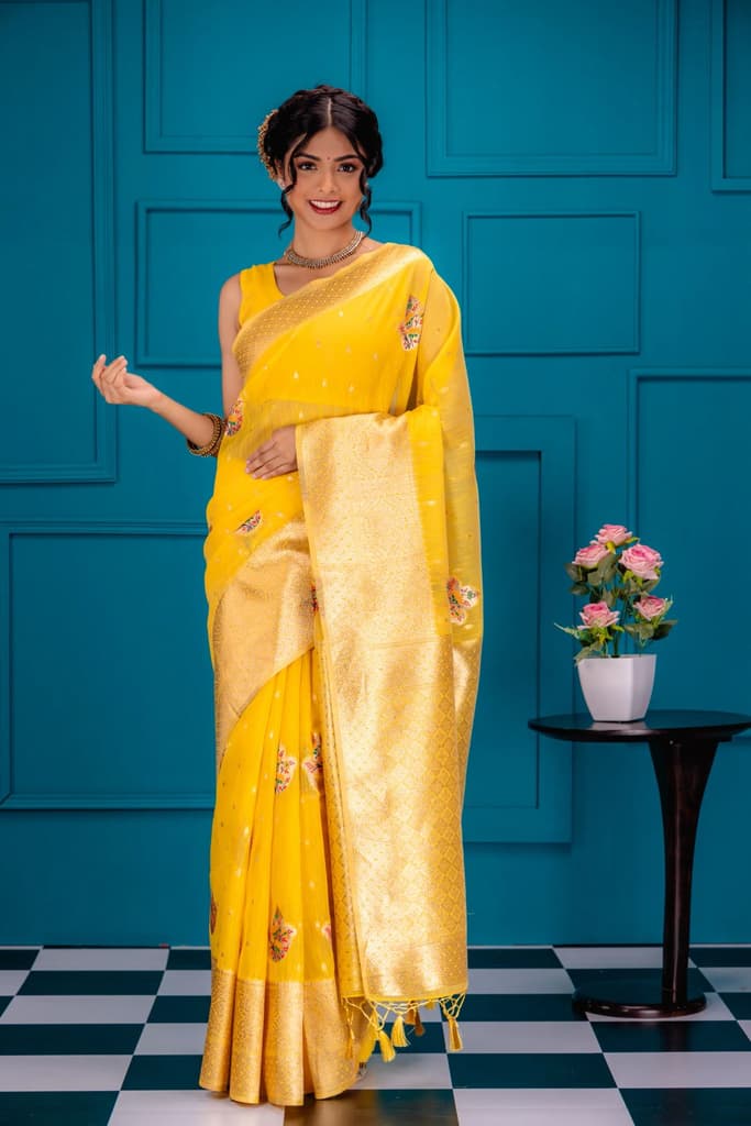 Mimosa Women's Woven Design Banarasi Style Art Silk Saree With Blouse Piece : SA00001759GDFREE — Gold