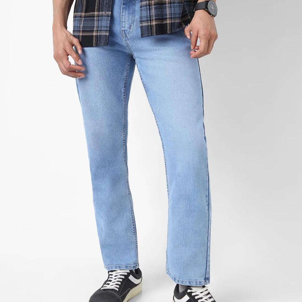 Men's Light Blue Straight Fit Washed Jeans Stretchable