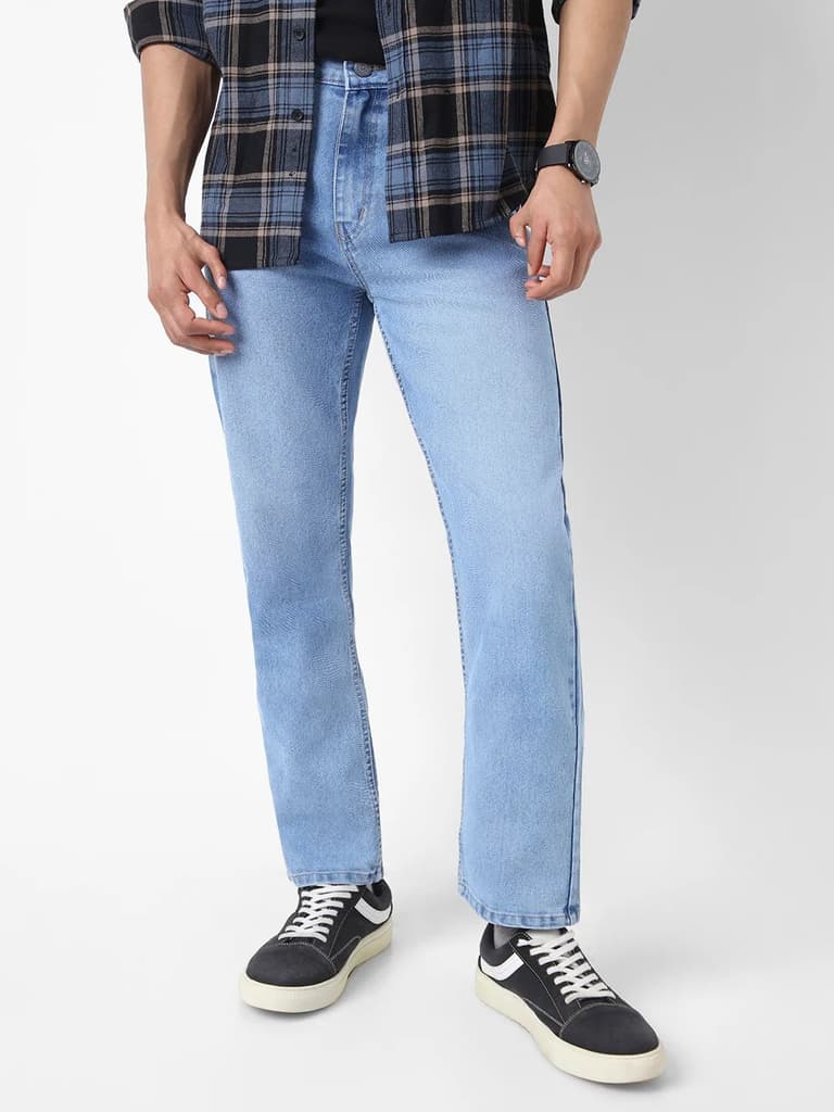 Men's Light Blue Straight Fit Washed Jeans Stretchable — 28 / Light Blue