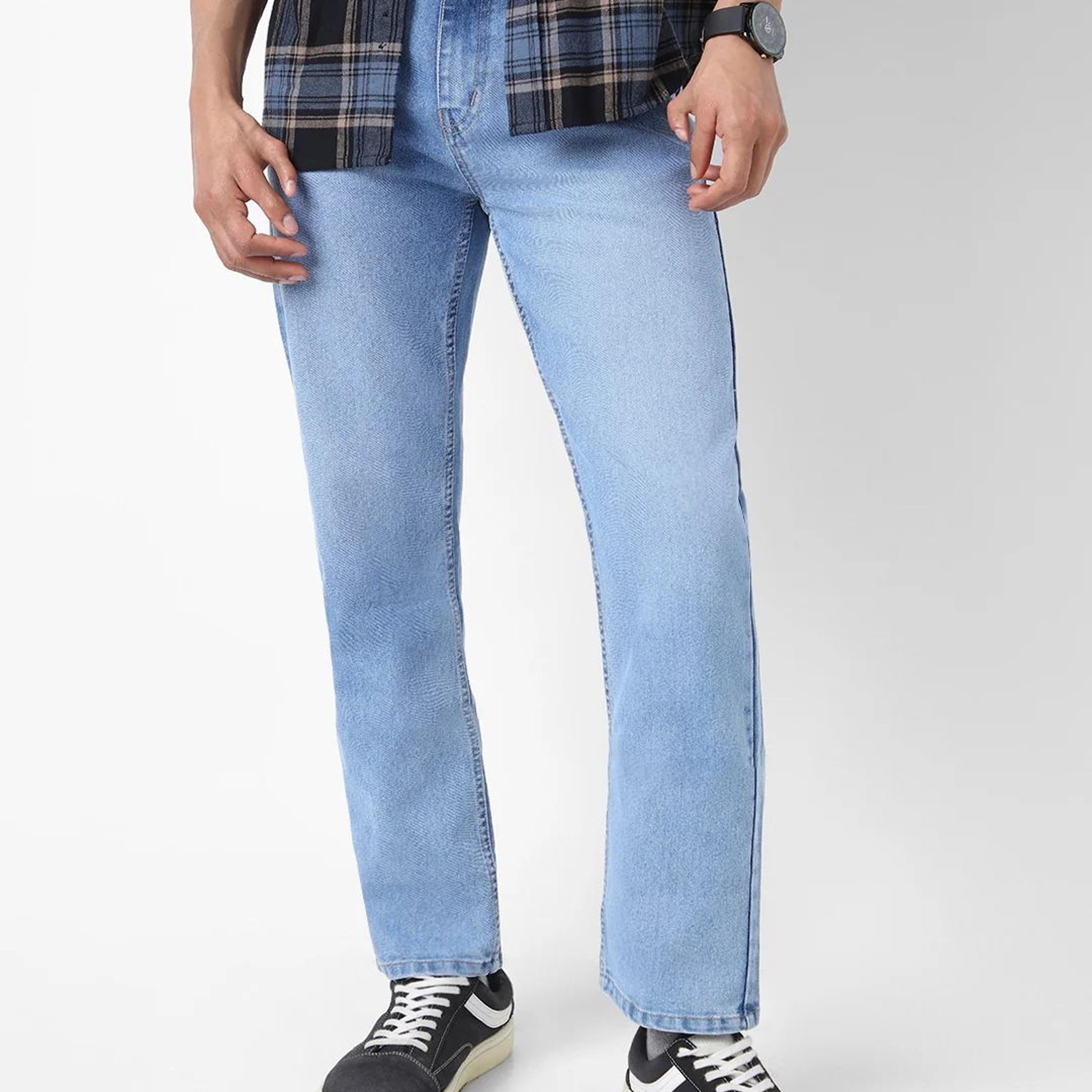 Men's Light Blue Straight Fit Washed Jeans Stretchable