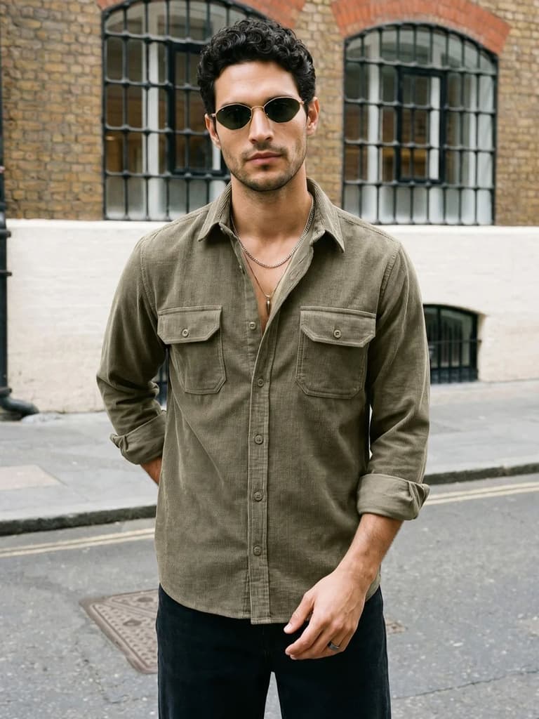 Men's Light Olive Corduroy Full Sleeve Regular Fit Solid Overshirt with Utility Pockets — S / Light Olive