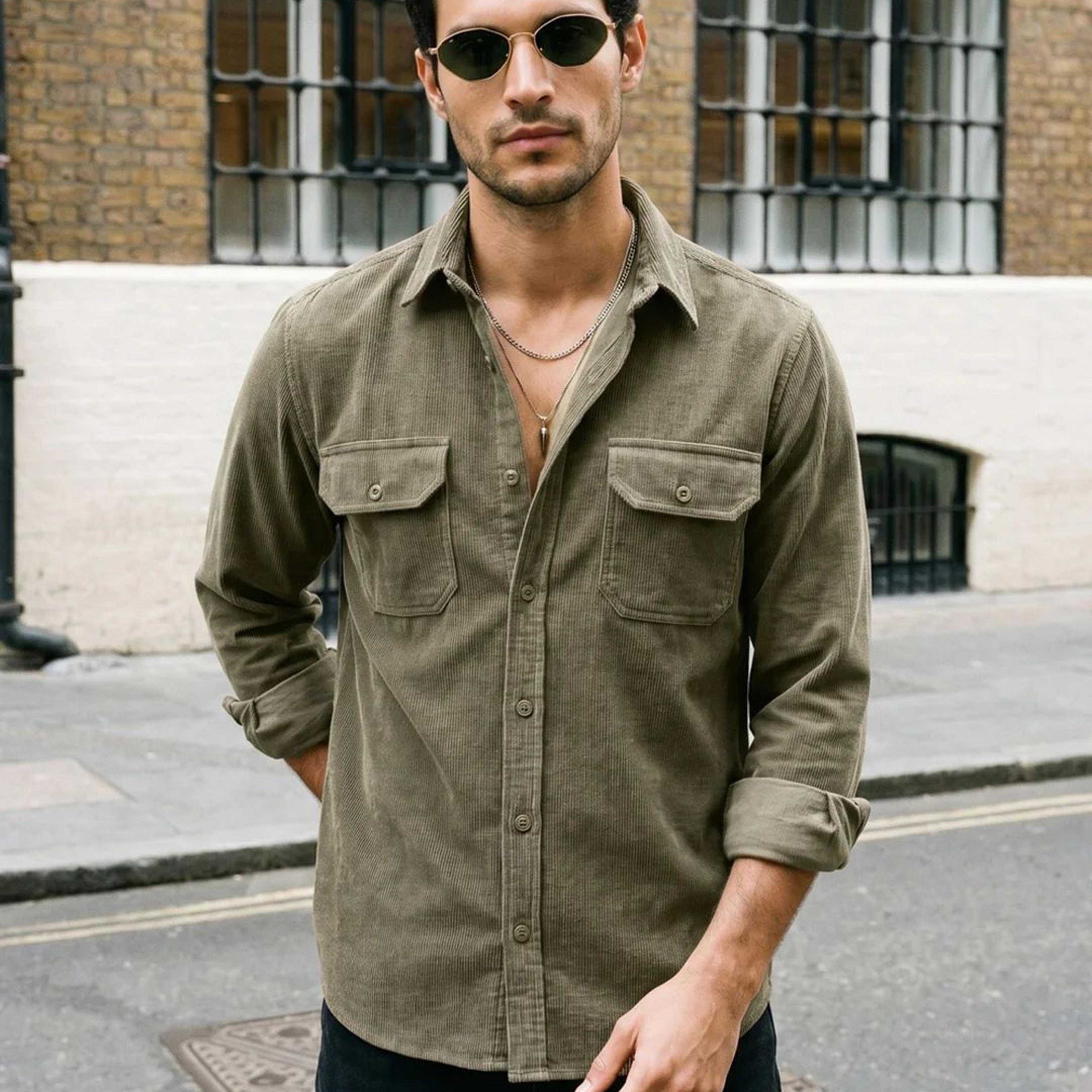 Men's Light Olive Corduroy Full Sleeve Regular Fit Solid Overshirt with Utility Pockets