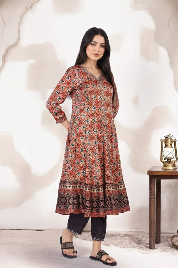Beige Ethnic Motifs Printed Embellished Anarkali Satin Kurta with Straight Pant and Dupatta Set — photo 4