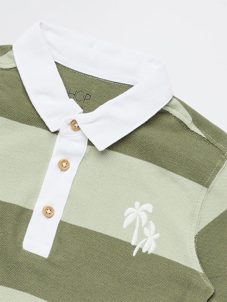 HOP Kids Boys Olive Striped Cotton Polo T-Shirt — photo 6