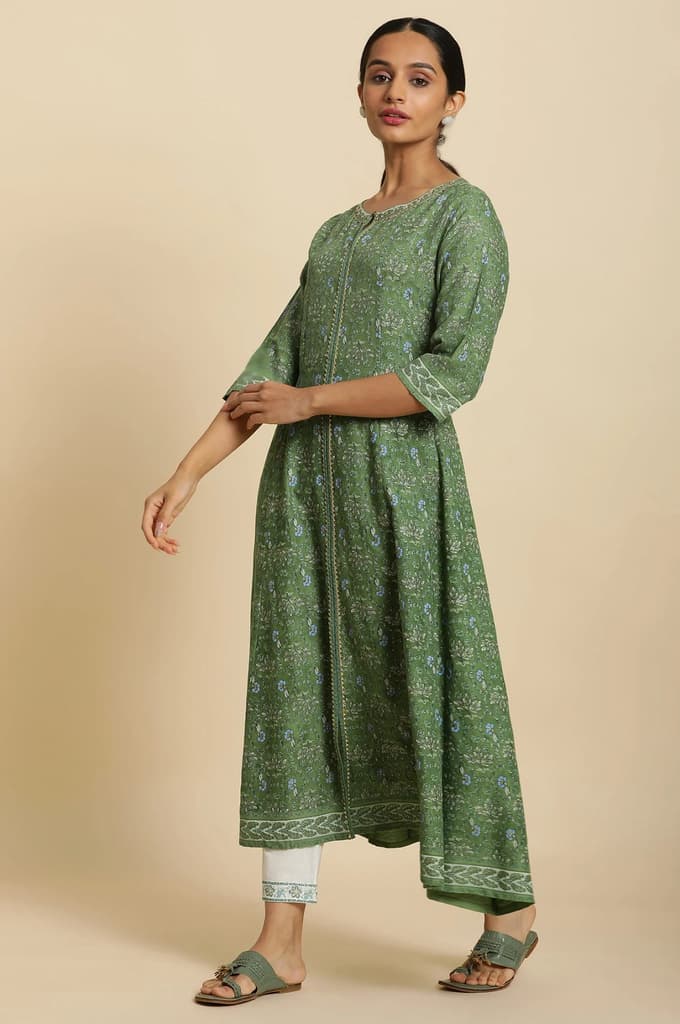 Green Floral Printed Embroidered Anarkali Kurta with Straight Pant Set — photo 2