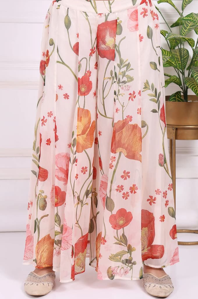 White Floral Printed A-Line Crepe Kurta with Culotte and Dupatta Set — photo 7