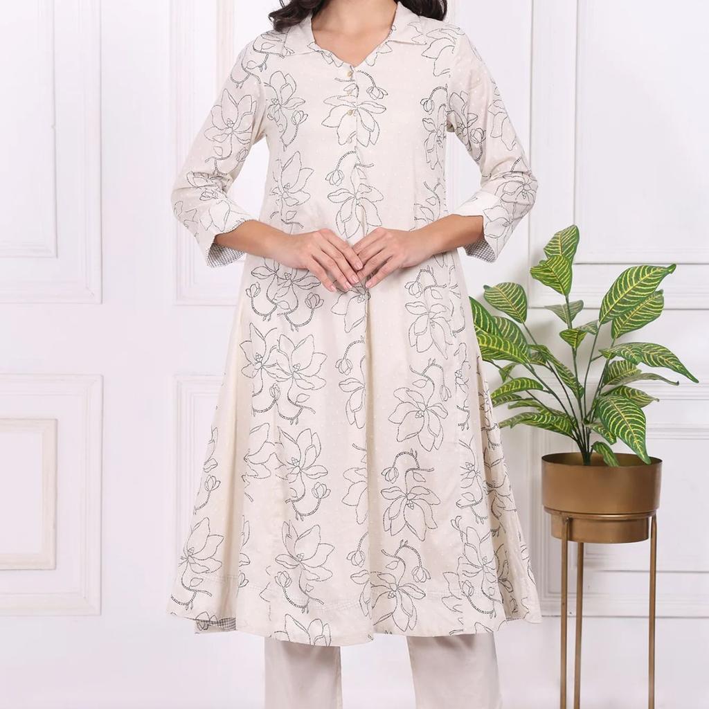 Off-White Floral Printed Pure Cotton Straight Kurta with Pants Set