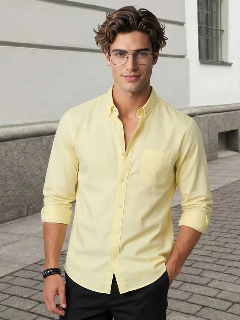 Men's Yellow Cotton Full Sleeve Regular Fit Solid Oxford Shirt With Button-Down Collar — S / Yellow