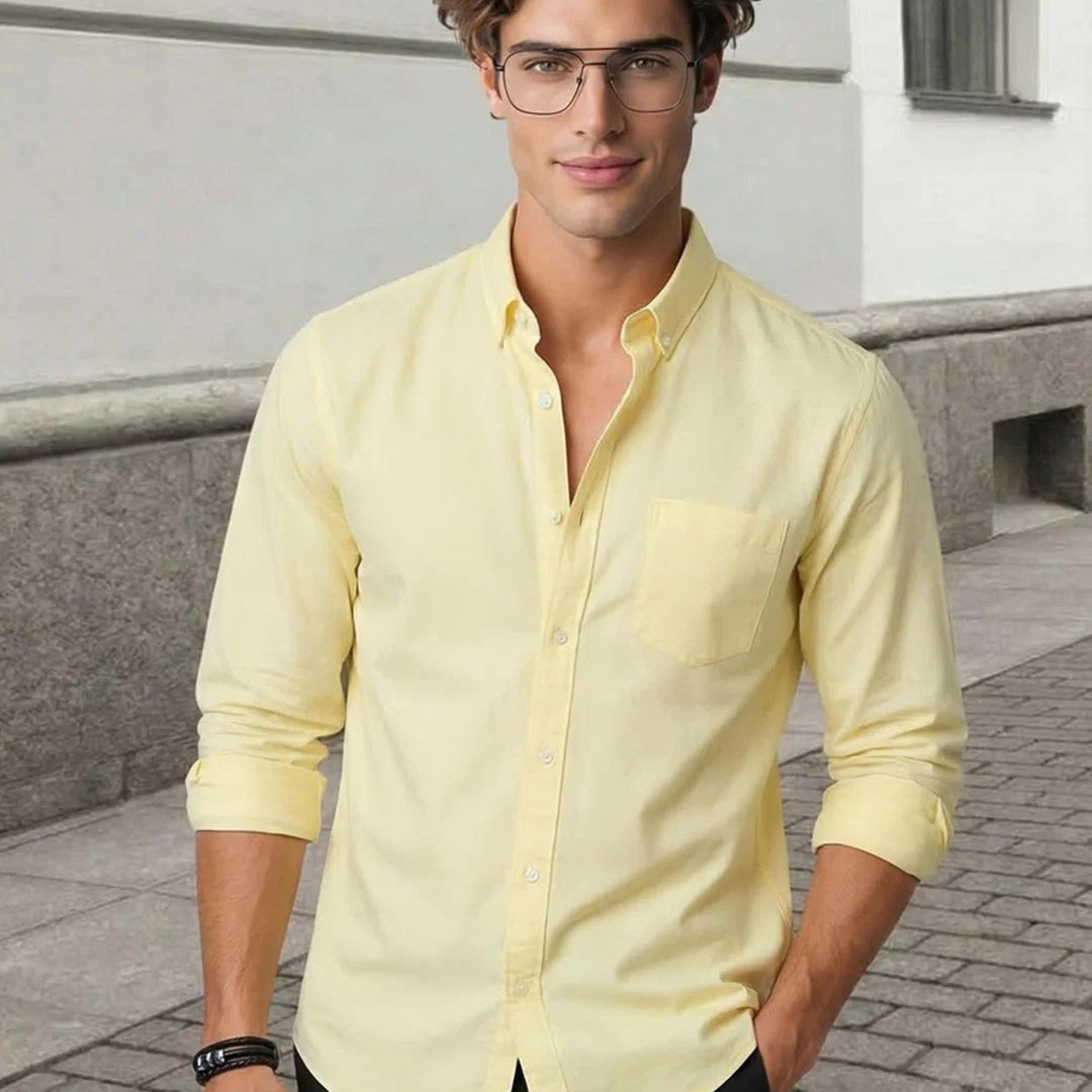 Men's Yellow Cotton Full Sleeve Regular Fit Solid Oxford Shirt With Button-Down Collar