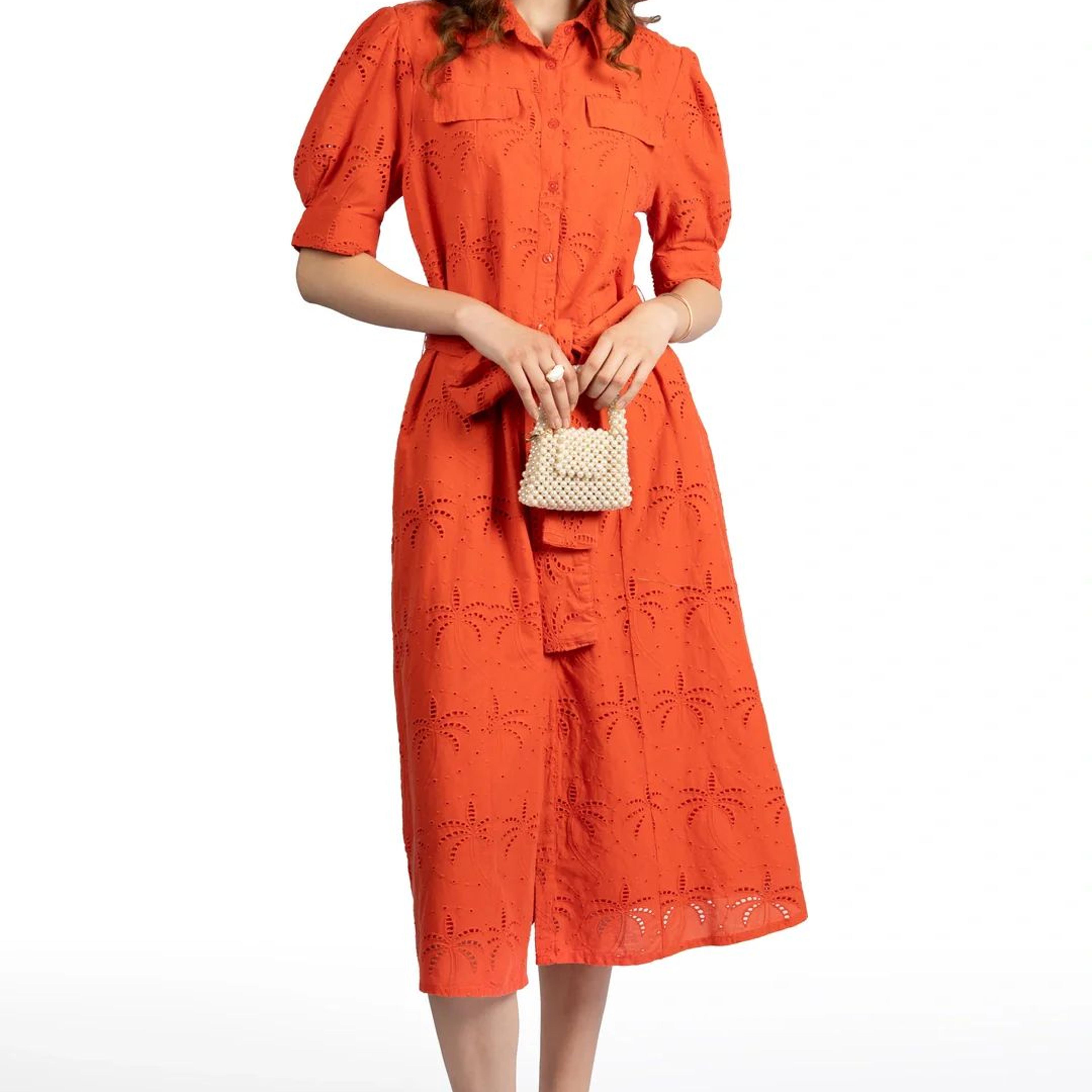 Red Solid Cotton Schiffli Puff Sleeve Midi Dress