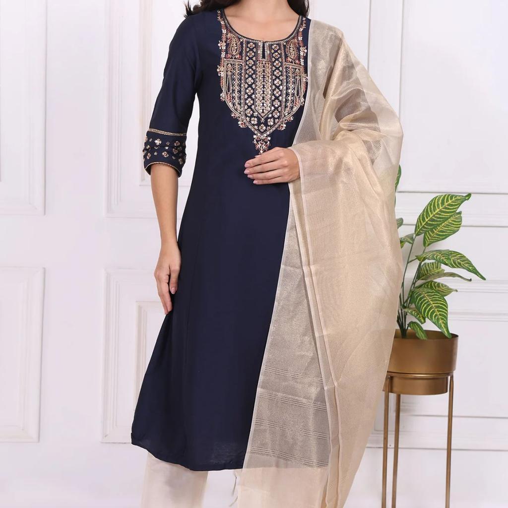 Navy Blue Embroidered Straight Kurta and Pants Set with Dupatta