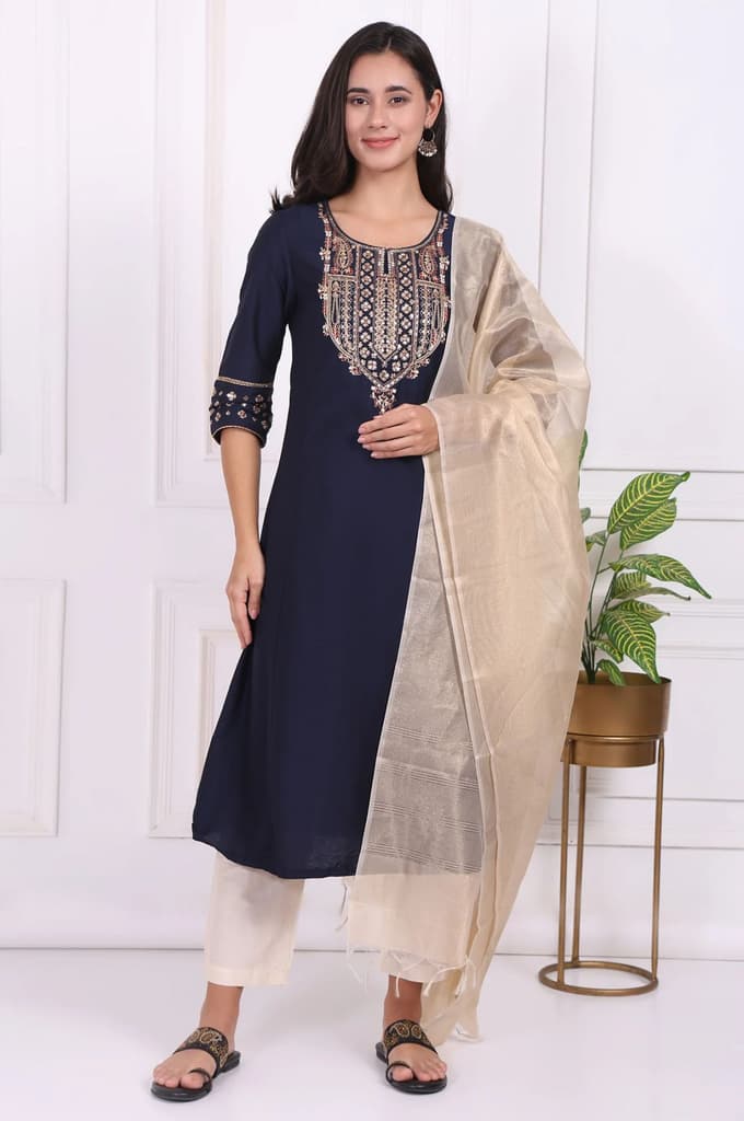 Navy Blue Embroidered Straight Kurta and Pants Set with Dupatta — XS