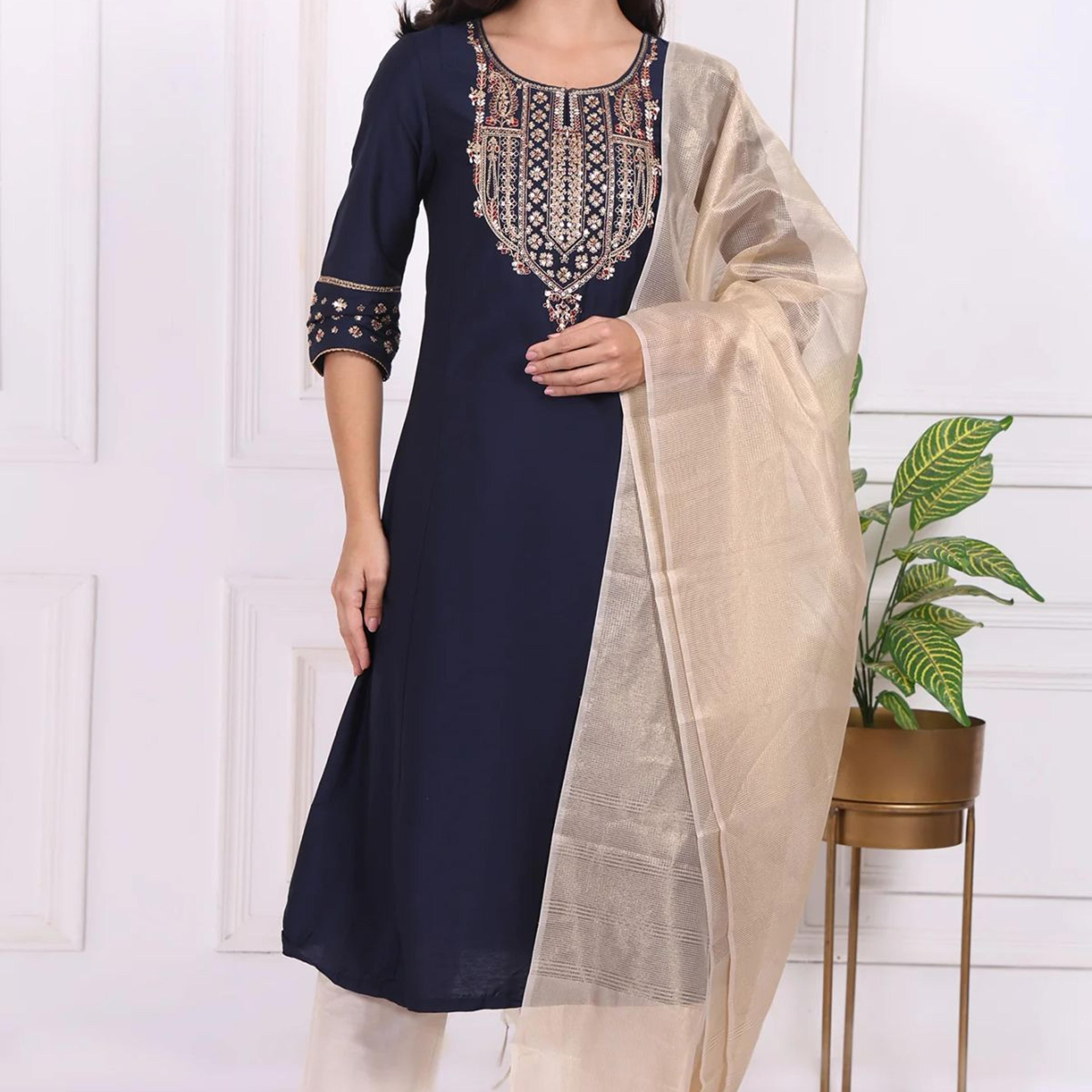Navy Blue Embroidered Straight Kurta and Pants Set with Dupatta