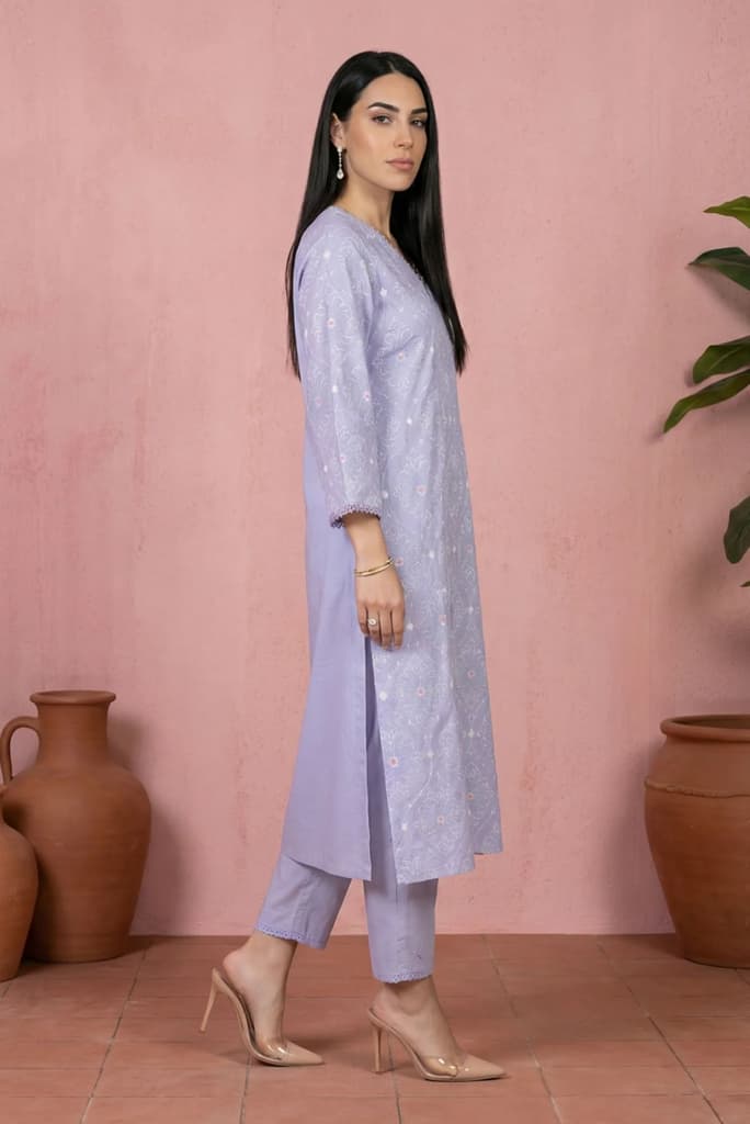 Lavender Thread Embroidered Pure Cotton Straight Kurta with Straight Pants and Dupatta Set — photo 6