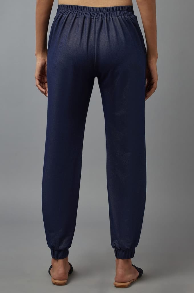 Navy Blue Solid Tapered Cotton Pants With Pleated Detail — photo 2