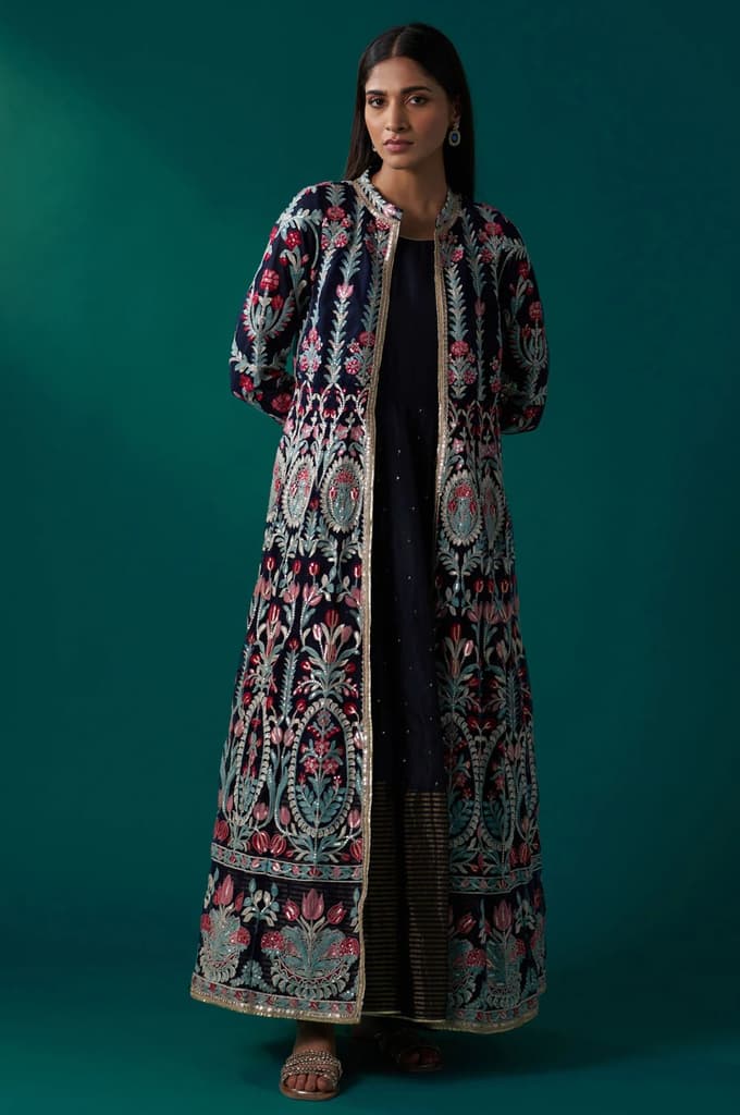 Navy Blue Aari Embroidery Panelled Jacket and Sleeveless Anarkali Dress Set — photo 2
