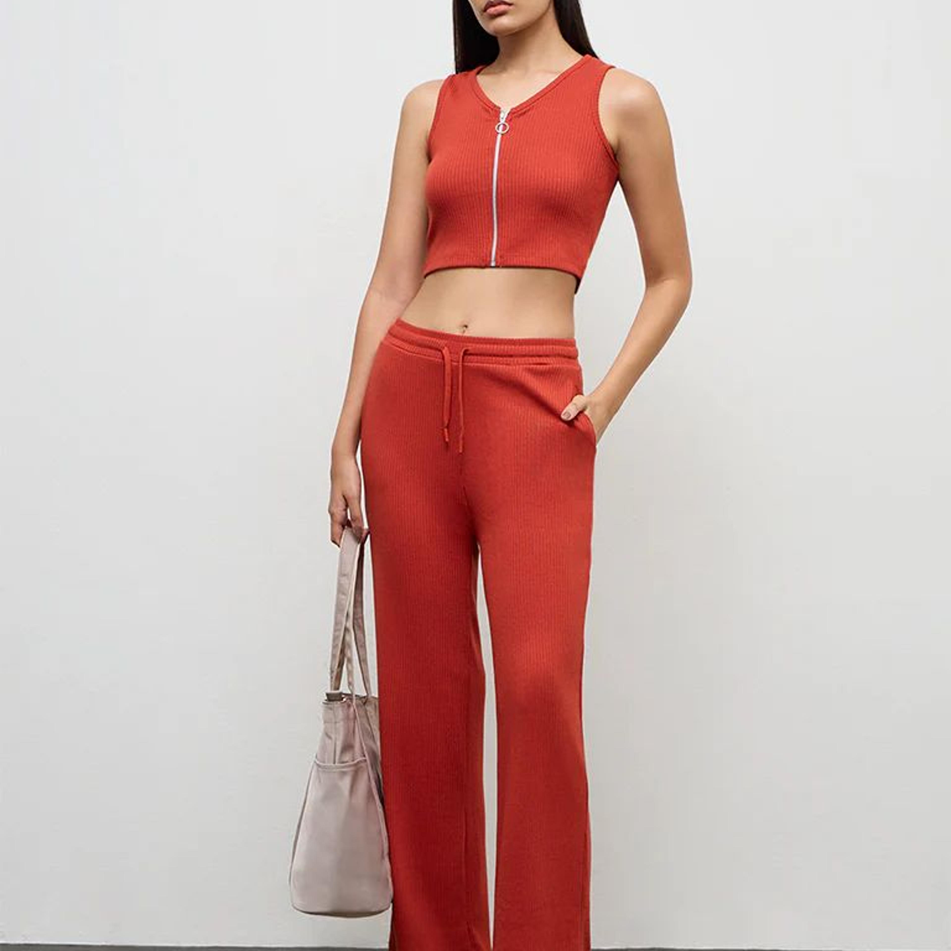 Nuoflexx Red Ribbed-Textured High-Rise Pants